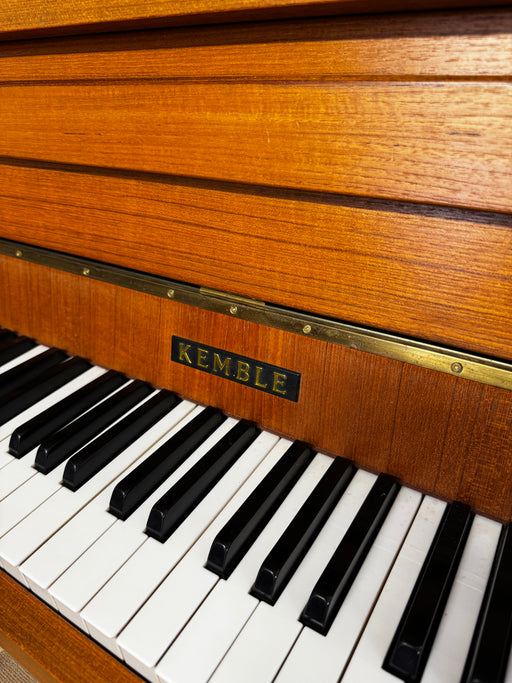 Kemble teak upright piano, keyboard and cabinet detail