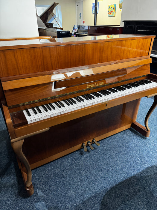 Zimmermann walnut upright piano c.1980, cabinet and keyboard detail