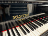 Pleyel Paris fallboard decal and keyboard on a polished ebony grand piano