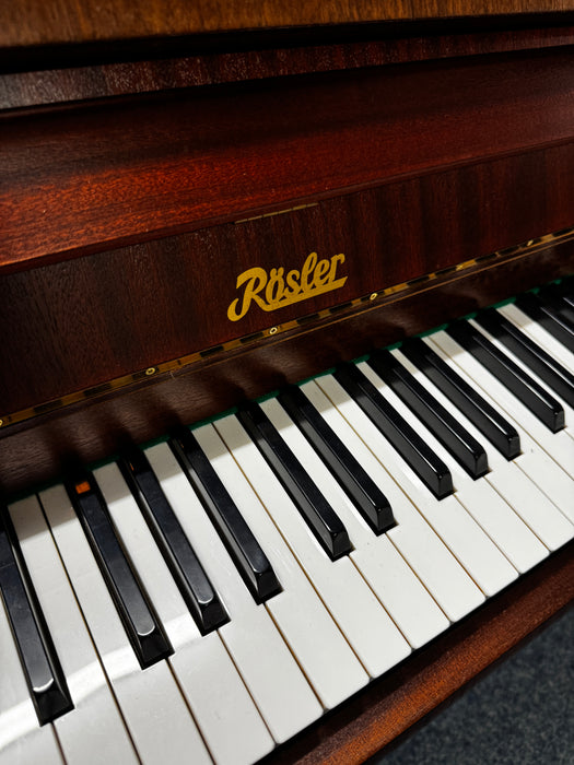 Rösler fallboard decal and keyboard, satin mahogany upright piano