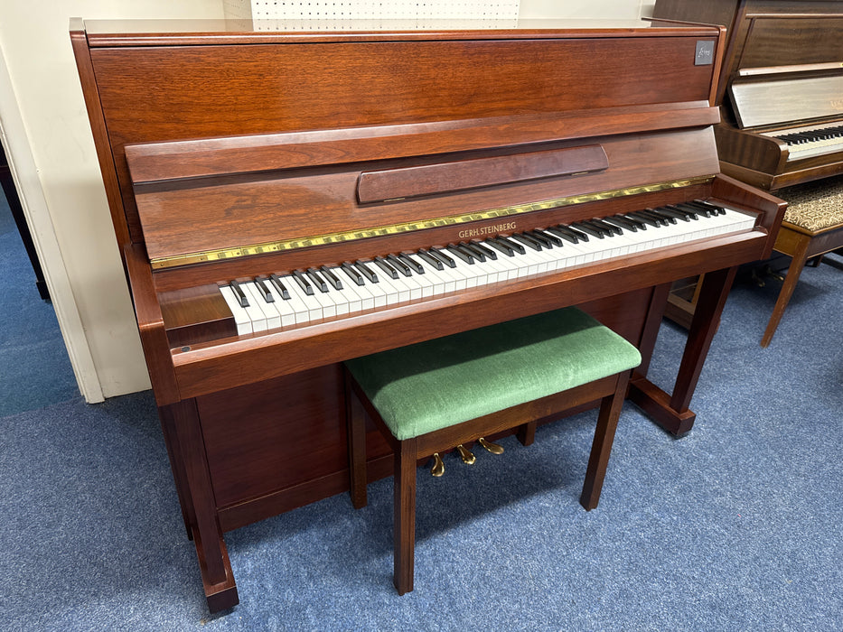 Gerh. Steinberg upright piano in satin mahogany with stool at The Piano Gallery showroom